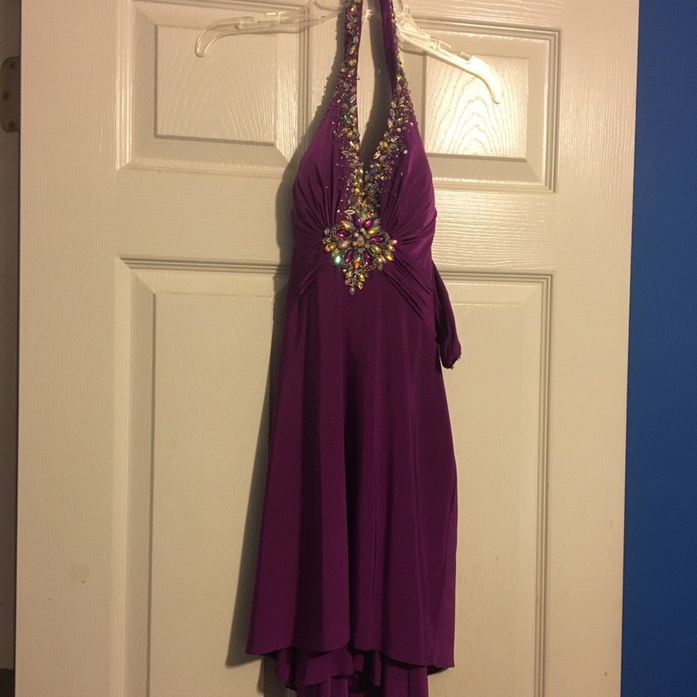 short purple dress with jewel detail